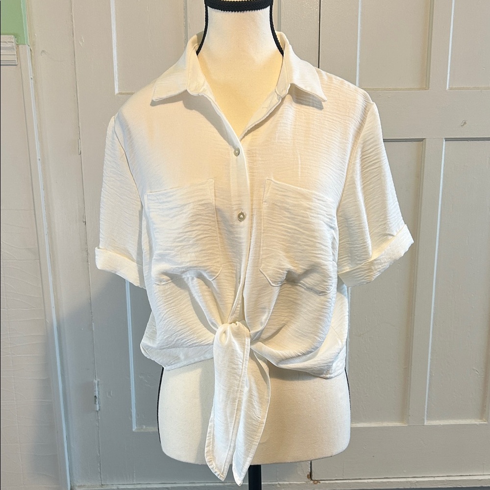 Elegant Cream Button-Down Tie-Front Shirt